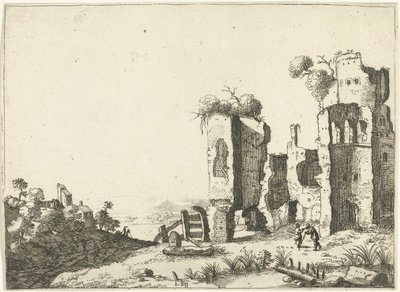 Man leaning on a stick in front of ruins (Landscapes with ancient Roman buildings) by Laurens Barata