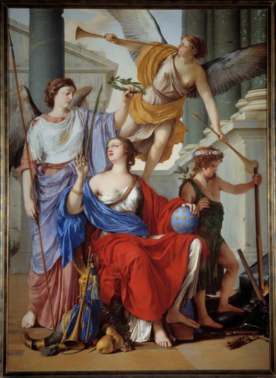 Allegory of the Regency of Anne of Austria (1601-1666). The regent is surrounded by an allegory of Renown and Peace. The context is that of the Thirty Years