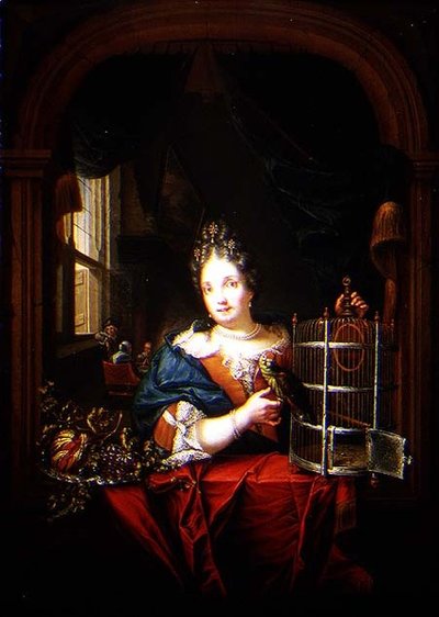 Portrait of a Woman holding a Parrot by Laureys Goubau