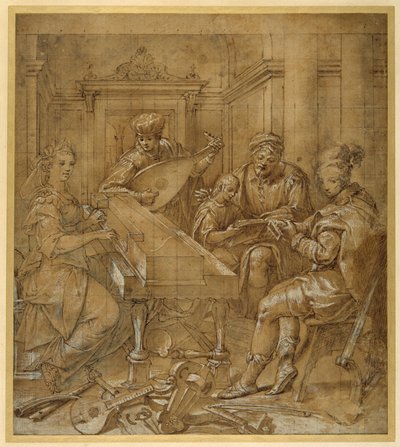 An allegory of music: Fame at the virginals; two young lutenists seated; a bearded elder teaches a boy to follow a score by Lavinia Fontana