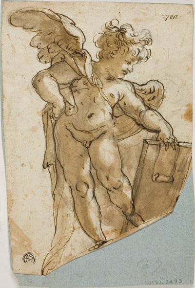Standing Putto Holding Tablet by Lazzaro Tavarone