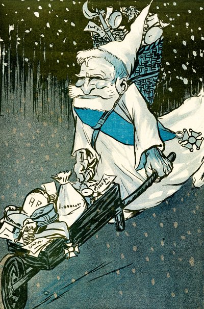 The Christmas for big kids - French President Emile Loubet dressed as Santa Claus with a wheelbarrow of gifts for the adults. 1905. by Leal de Camara
