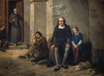 Christopher Columbus with his son in monastery of Santa Maria de La Rabida, Spain by Leandro Izaguirre