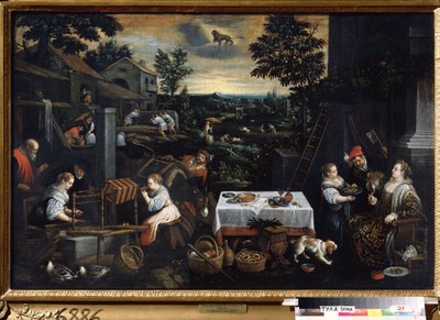 July. Farm work, the property owner tasting the orchard fruits, peasants working in the fields (threshing wheat with a flail). Symbol of the sign of Leo in the sky. by Leandro da Ponte Bassano