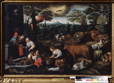 June. Farm work, cherry picking, and wheat gathering. Symbol of the Cancer sign in the sky. by Leandro da Ponte Bassano