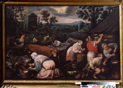 May. Goat milking, cheese making. Symbol of the sign of Gemini in the sky. by Leandro da Ponte Bassano
