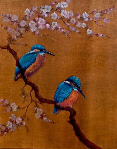 Two Kingfishers & Apple Blossom, 2021 by Lee Campbell