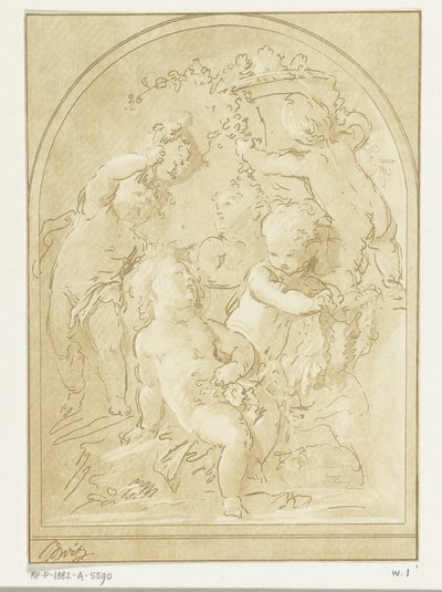 Five Putti with Flowers and Garlands by a Vase by Leendert Brasser