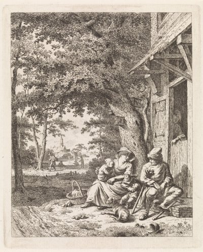Family with Dog Sitting in Front of a House by Leendert Overbeek