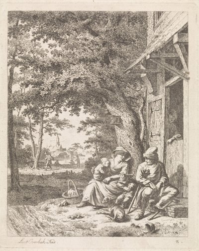 Family with Dog, Sitting in Front of a House (Landscapes with Figures) by Leendert Overbeek