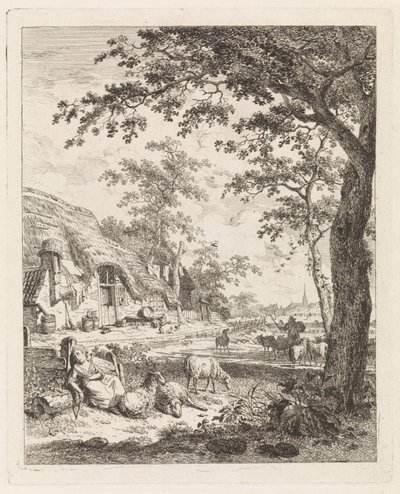 Shepherdess with Sheep in Front of a Farm (Landscapes with Figures) by Leendert Overbeek