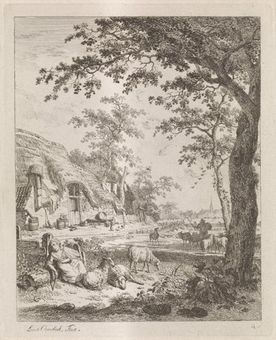 Shepherdess with Sheep in Front of a Farmhouse by Leendert Overbeek