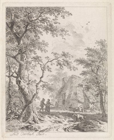 Two walkers by a farm (Landscapes with figures) by Leendert Overbeek