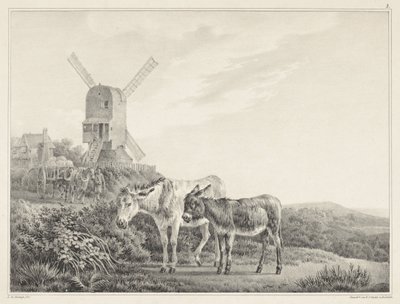 Two Donkeys in a Landscape by a Mill (Six Stone Drawings by L. de Koningh) by Leendert de Koningh