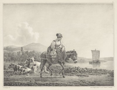 Woman on a Donkey in a Landscape (series title: Six Stone Drawings by L. de Koningh) by Leendert de Koningh