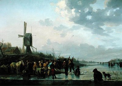 Winter scene, frozen river with skaters by Leendert de Koningh