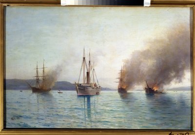 Russian Torpedo Boat Tender Grand Duke Konstantin Destroying The Turkish Ships at Bosphorus in 1877 by Lef Feliksovich Lagorio