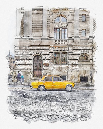 Classic Yellow Car Street by Lembayung senja studio [Vintage Poster]