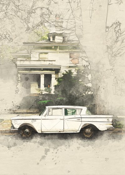 Car Old House Sketch by Lembayung senja studio [Vintage Poster]