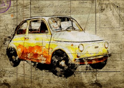 Vintage Yellow Fiat 500 by Lembayung senja studio [Vintage Poster]