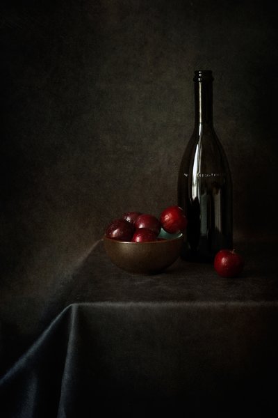 Still Life with Plums and a Bottle by Lenka