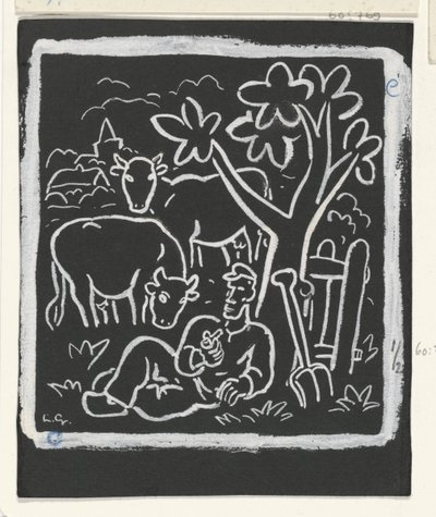Farmer Resting Under a Tree in a Meadow with Cows by Leo Gestel (signed by artist)