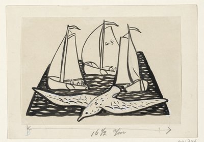 Three Sailing Ships and a Seagull by Leo Gestel (signed by artist)