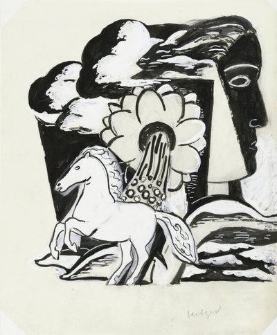 Rearing Horse, Flower and Head (sketch) by Leo Gestel (signed by artist)