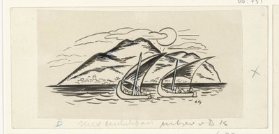 Two Sailing Ships in Front of an Island with Mountains by Leo Gestel (signed by artist)