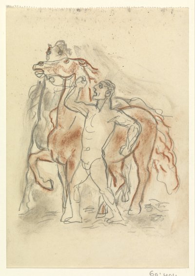 Naked Man Holding Two Horses by Leo Gestel