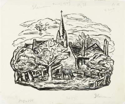 Vignette for Biography of Gestel by Prof. W. van der Pluym (View of Village Blaricum with Grazing Cow) by Leo Gestel