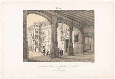 View of the interior of the castle of Blois with the octagonal staircase tower of King Francis I (Contemporary France) by Leon Auguste Asselineau