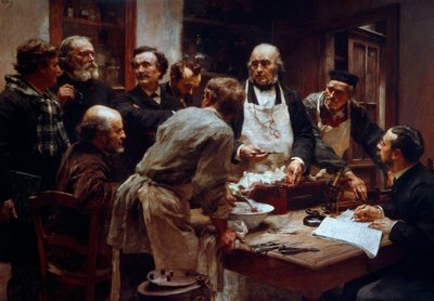 The dissection course of Dr. Claude Bernard in the presence of his pupils Paul Bert and Arsene d