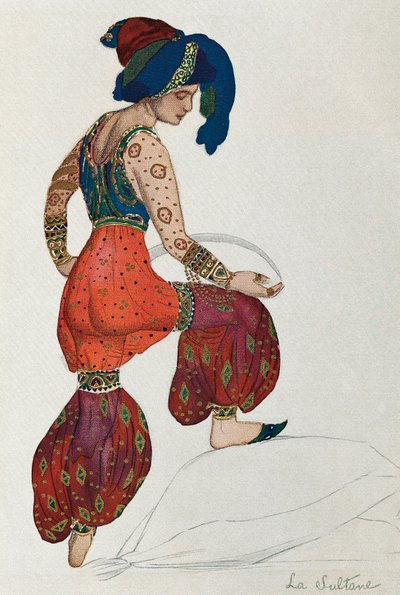 Costume of Vaslav Nijinsky for the Character of the Sultane in the Ballet Sheherazade, 1910 (watercolour on paper) by Leon Bakst
