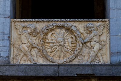 Balustrade Plate with Rayed Sun in Garland, Bas-Relief on Facade of San Sebastiano Church by Leon Battista Alberti