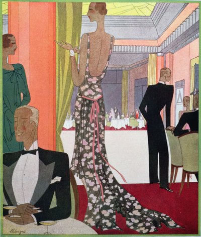 Fashion design for an evening dress by the House of Louise Boulanger at a Gala Soiree in the Casino at Le Touquet by Leon Benigni