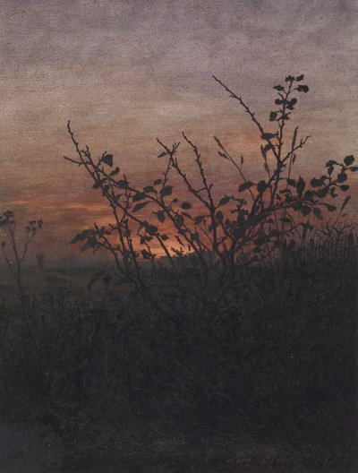 Blackthorn (?) in Front of a Landscape at Sunset by Léon Bonvin