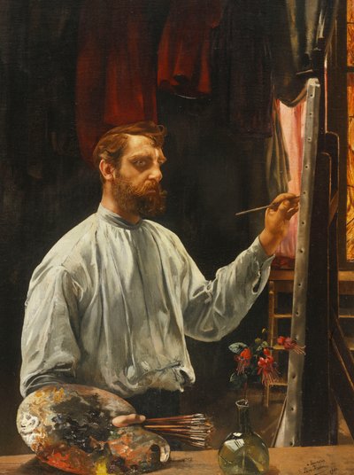 Portrait of Leon Frederic, Standing Half Length at His Easel by Leon Henri Marie Frederic