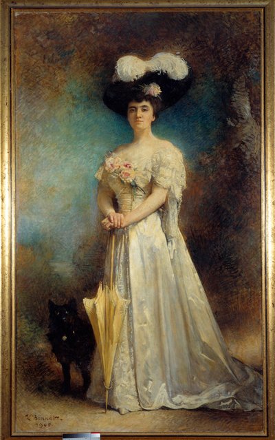 Full-length portrait of Madame Maurice Pascal and her dog, Tiny. Painting by Leon Joseph Bonnat (1833-1922) 1905. Pau, Musee des Beaux Arts by Leon Joseph Florentin Bonnat