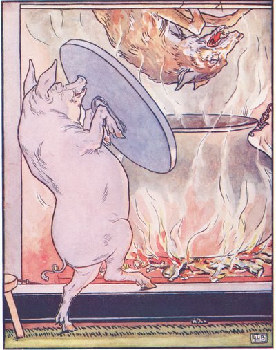He took off the cover of the pot, and in fell the wolf. by Leonard Leslie Brooke