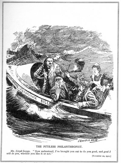 Lloyd George, depicted as a lifeboat sailor, faces opposition to his National Insurance Act by Leonard Raven Hill