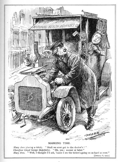 Lloyd George is delayed taking a patient to the doctor under his National Health Insurance Act by Leonard Raven Hill