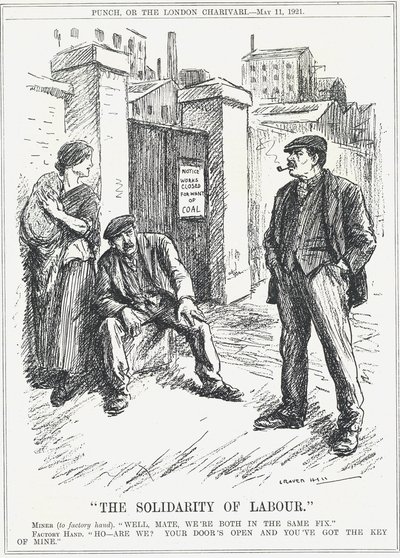 The Solidarity of Labour: Factory Worker, Locked Out Because of Lack of Coal, Telling a Miner That He Holds the Key for All Workplaces to Open Again. Cartoon by Leonard Raven-Hill by Leonard Raven Hill