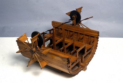 Wheeled propulsion boat. Model from the drawing of Leonardo da Vinci. Museum of Science and Technology, Milan. by Leonardo da (after) Vinci