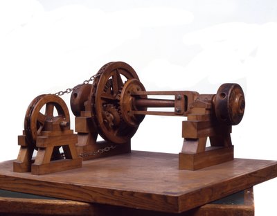 Wooden model of gears and wheels based on the design of Leonardo da Vinci (1452-1519). Museum of Science and Technology, Milan. by Leonardo da (after) Vinci