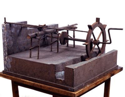 Wooden model of hydraulic saw operated by gears and water. Made after drawing by Leonardo da Vinci (1452-1519) Museum of Science and Technology, Milan by Leonardo da (after) Vinci