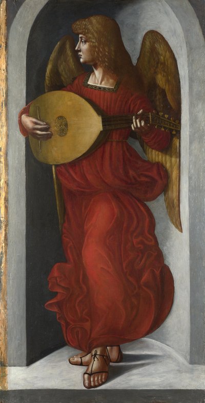 An Angel in Red Playing a Lute (Painting from the Circle of Leonardo da Vinci, c. 1490-1499) by Leonardo da (circle of) Vinci