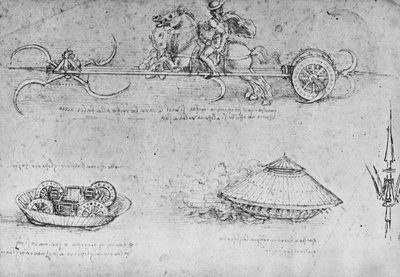 A Chariot Armed with Scythes, Two Drawings of a Sort of Tank and a Partisan, c1480 by Leonardo da Vinci