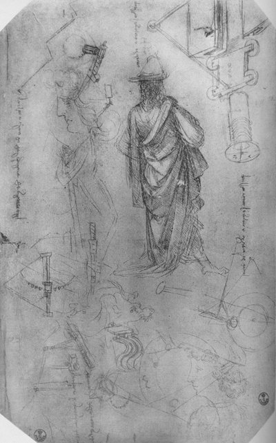 A Draped Figure, Studies of Machinery Etc. by Leonardo da Vinci