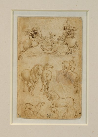 Two Horsemen Fighting a Dragon; One Horseman and Two Horses; A Dog and a Horse by Leonardo da Vinci